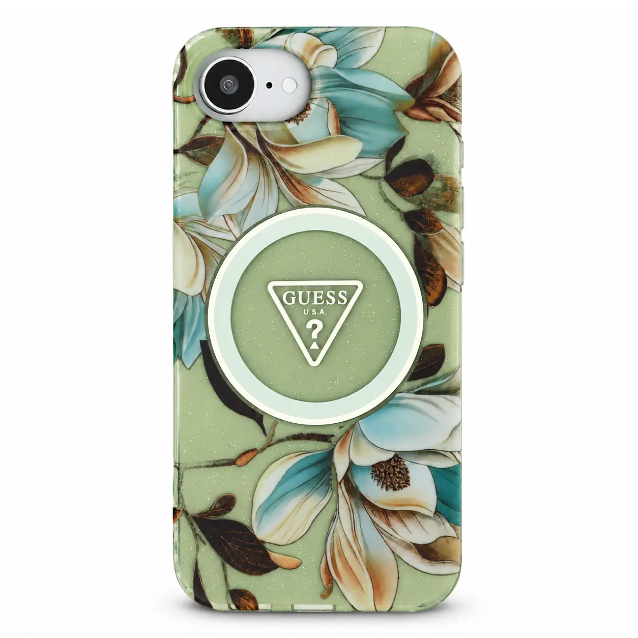 Vue arrière de la coque GUESS avec motif floral, anneau MagSafe et Triangle GUESS