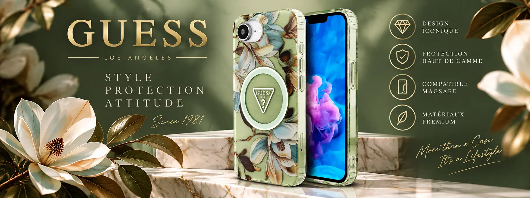 Coque GUESS IML Metal Glitter Flowers Triangle MagSafe