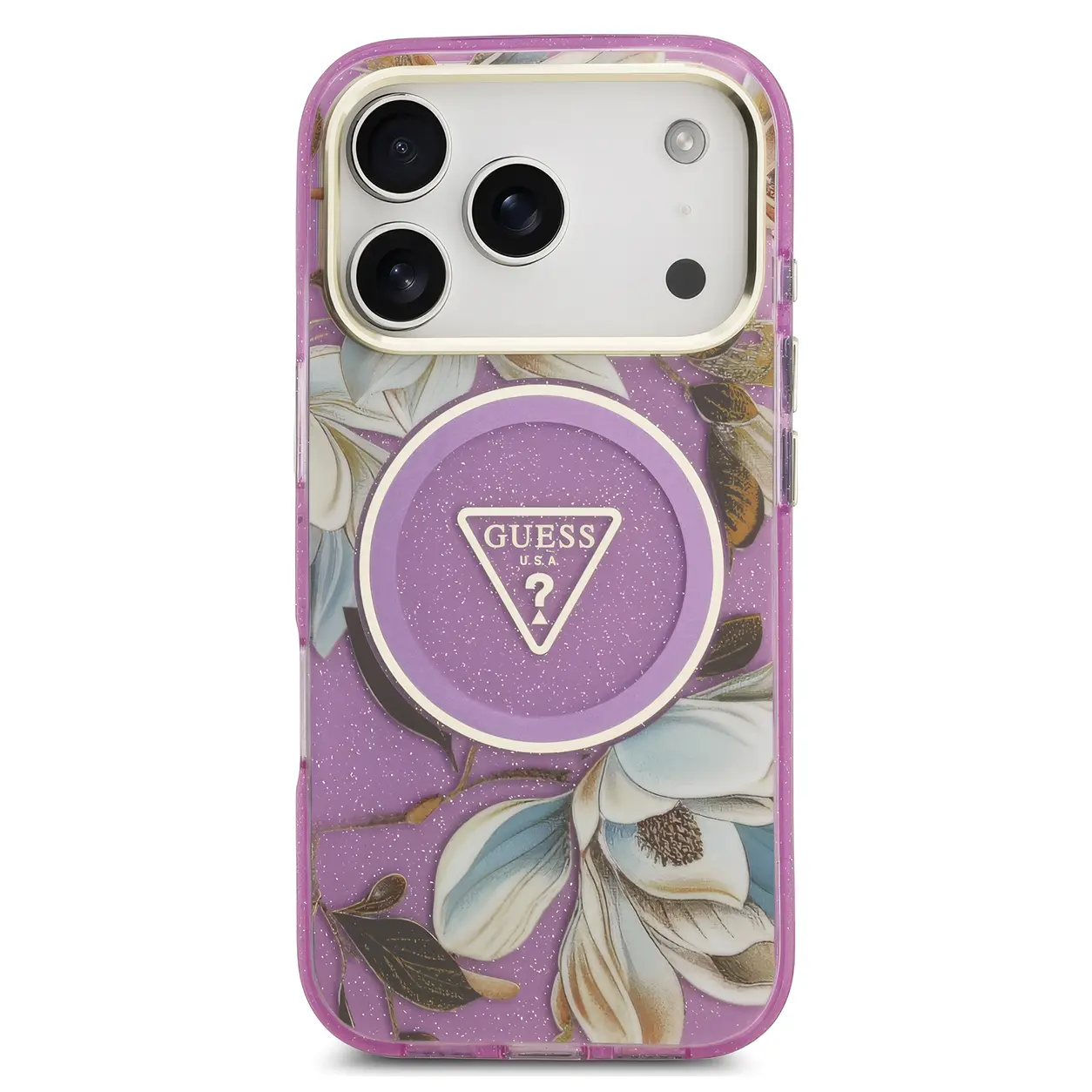 Coque GUESS Flowers Triangle mauve pour iPhone 18 Pro et 17 Pro, motif floral scintillant et anneau MagSafe