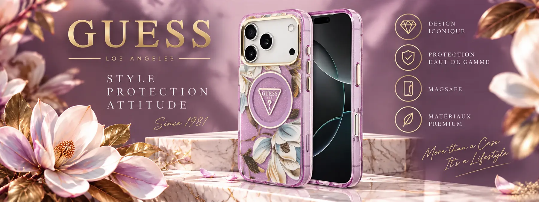 Coque GUESS IML Glitter Flowers Triangle mauve MagSafe pour iPhone 18 Pro et 17 Pro