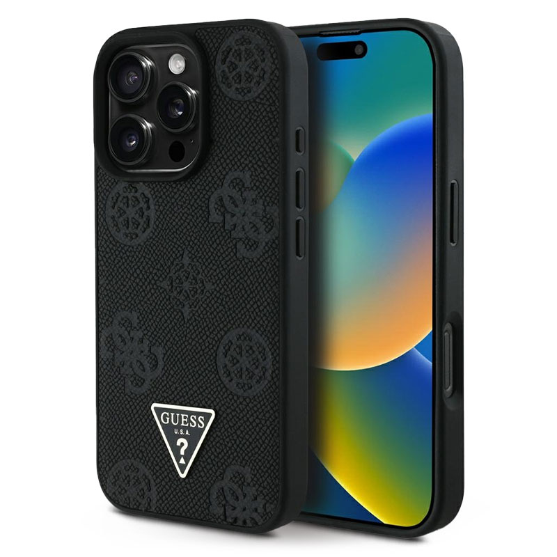 Coque MagSafe GUESS Logo 4G & Pivoine sur Cuir Écologique Grainé pour iPhone 16 Pro Max