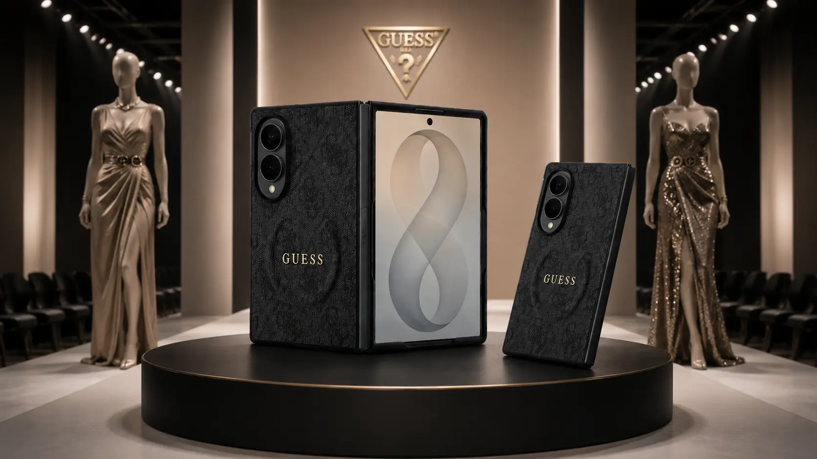 Coque Guess MagSafe en éco-cuir motif 4G noir pour Samsung Galaxy Z Fold 8 présentée dans un défilé de mode haute couture