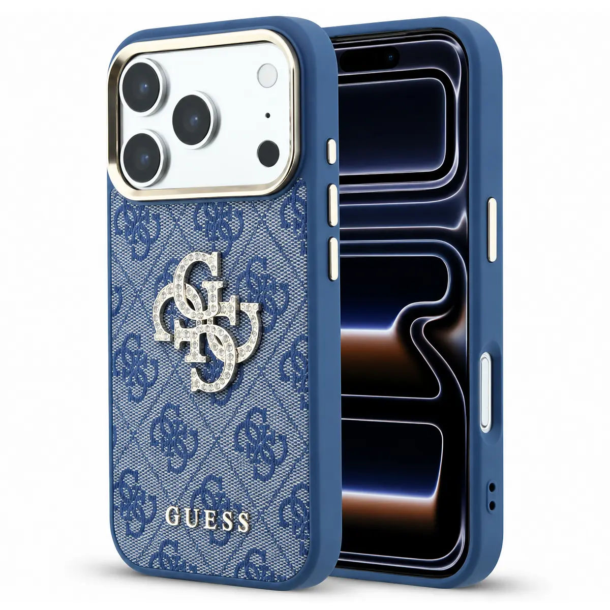 Coque GUESS Monogramme 4G et Logo Strass bleue pour iPhone 18 Pro / 17 Pro - vue principale
