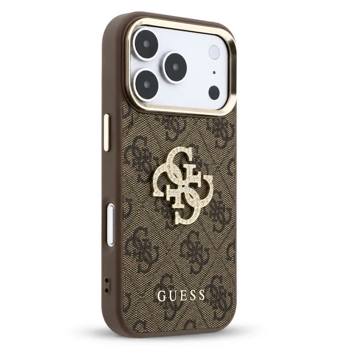Coque GUESS Monogramme 4G Strass marron pour iPhone 18 Pro / 17 Pro - vue trois-quarts