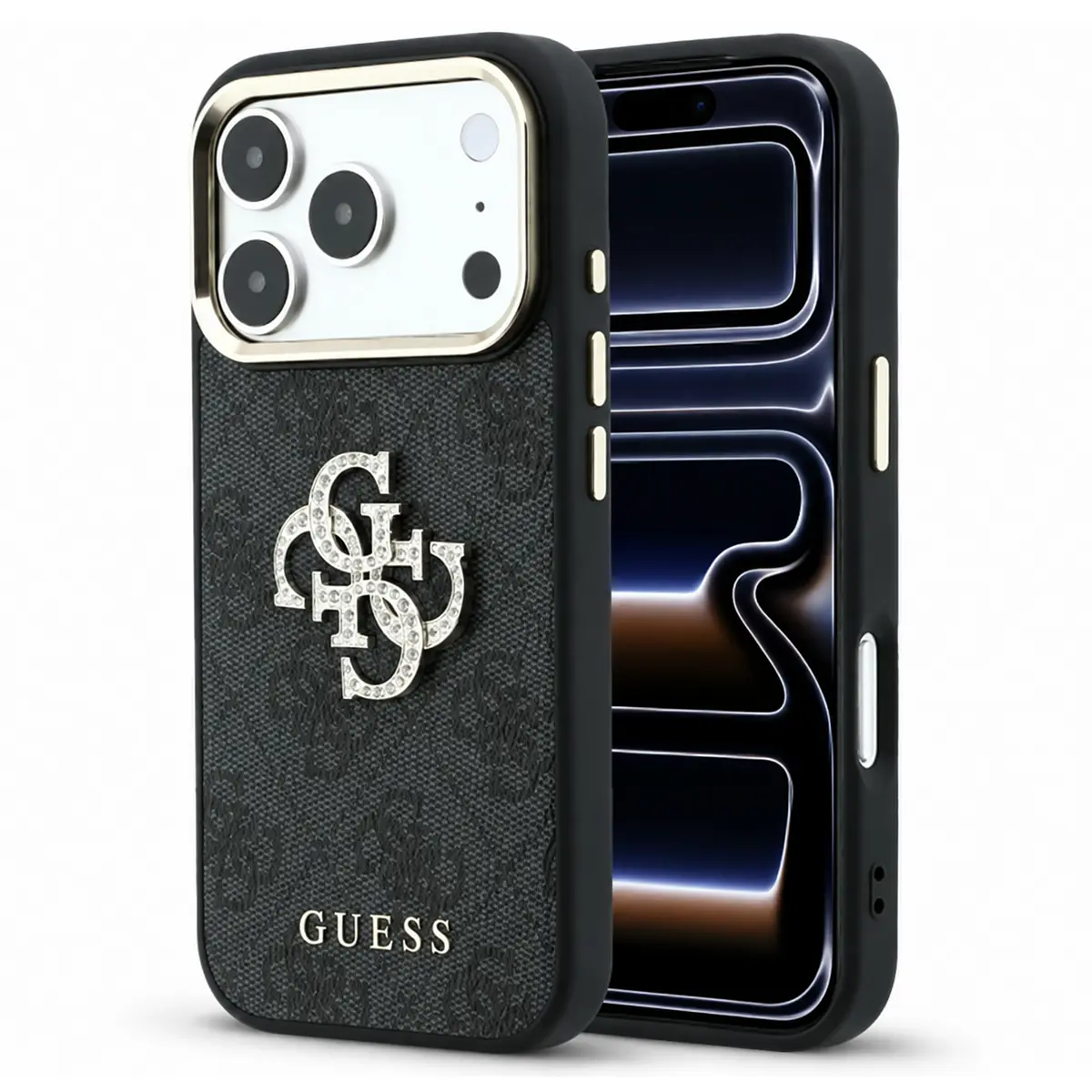 Coque GUESS Monogramme 4G et Logo en Strass noire pour iPhone 18 Pro / 17 Pro - vue principale