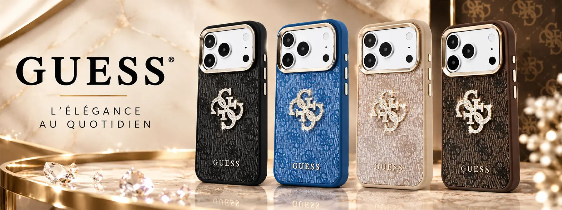 Coque GUESS Monogramme & Logo 4G en Strass noire pour iPhone 18 Pro et iPhone 17 Pro