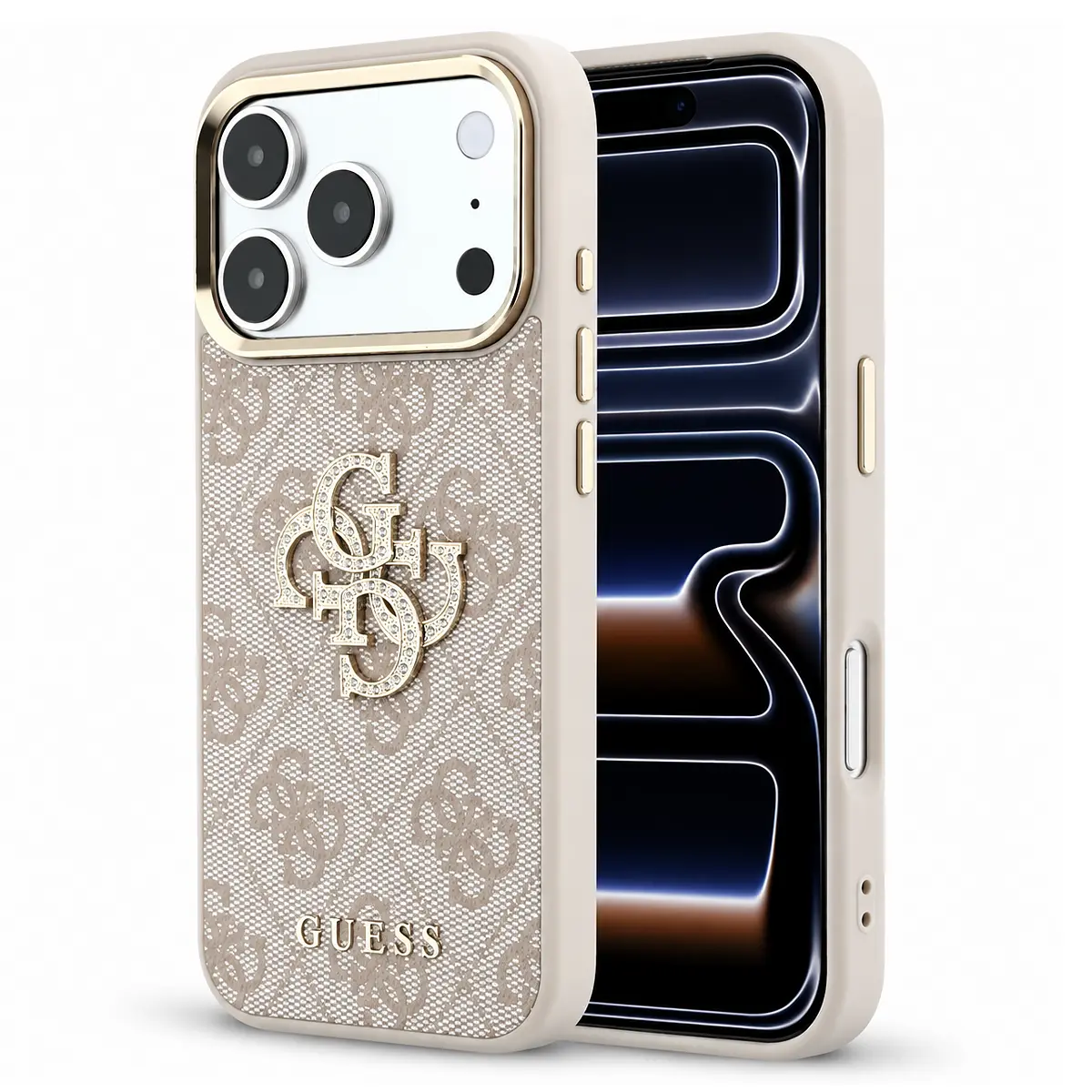 Coque GUESS Monogramme 4G et Logo Strass rose pour iPhone 18 Pro / 17 Pro - vue principale