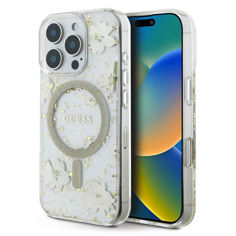 Coque MagSafe Translucide GUESS Fleurs en Résine Pailletée pour iPhone 16 Pro Max