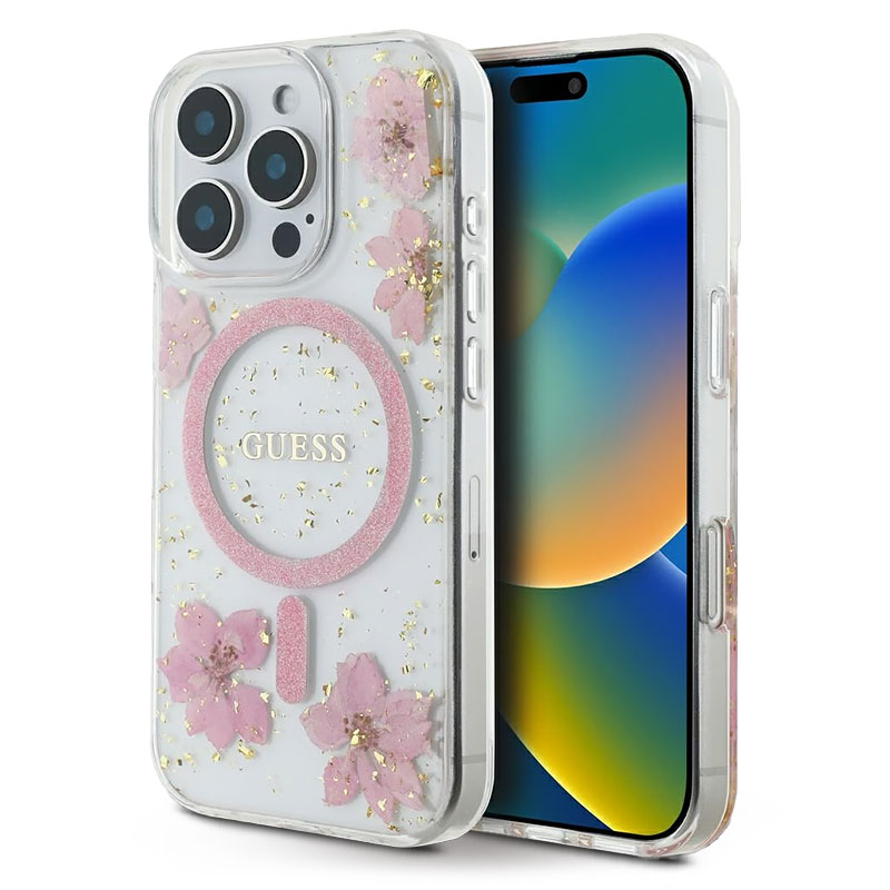 Coque MagSafe Translucide GUESS Fleurs en Résine Pailletée pour iPhone 16 Pro Max