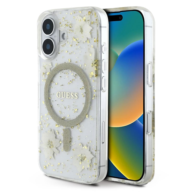 Coque MagSafe Translucide GUESS Fleurs en Résine Pailletée pour iPhone 16
