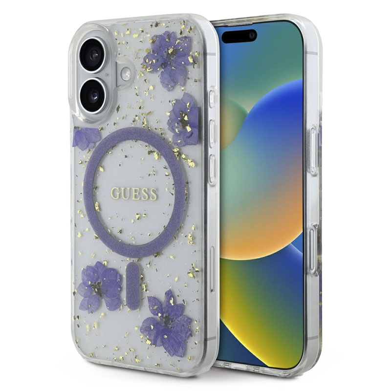 Coque MagSafe Translucide GUESS Fleurs en Résine Pailletée pour iPhone 16