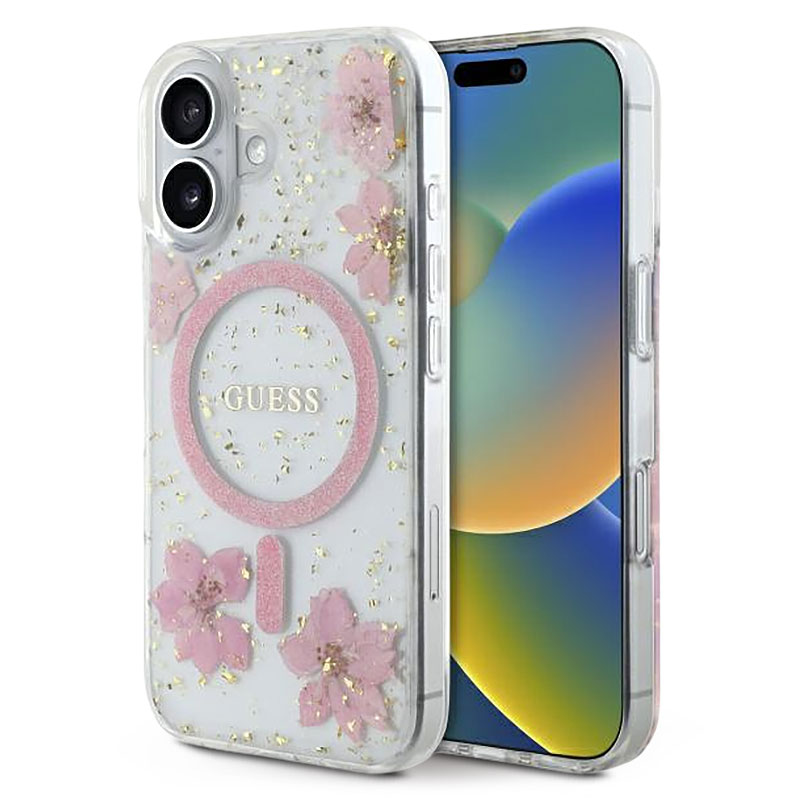 Coque MagSafe Translucide GUESS Fleurs en Résine Pailletée pour iPhone 16