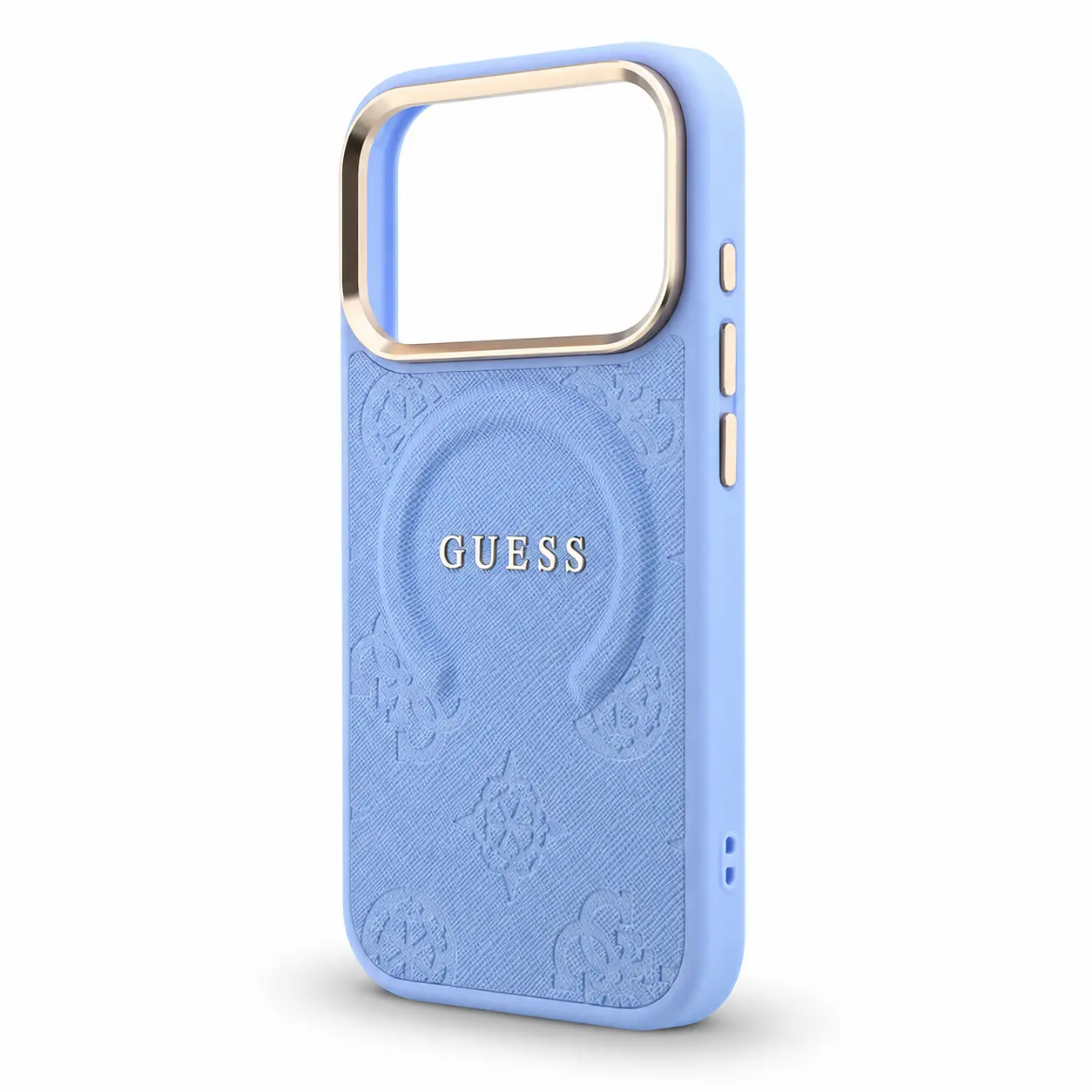Coque MagSafe GUESS Saffiano Peony & Ring bleue pour iPhone 18 Pro et iPhone 17 Pro - vue latérale avant sans iPhone