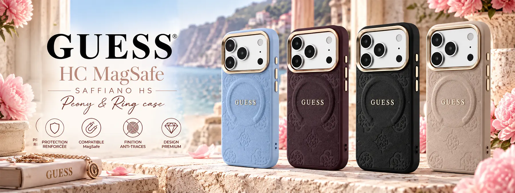 Coque MagSafe GUESS Saffiano Peony & Ring pour iPhone 18 Pro et iPhone 17 Pro
