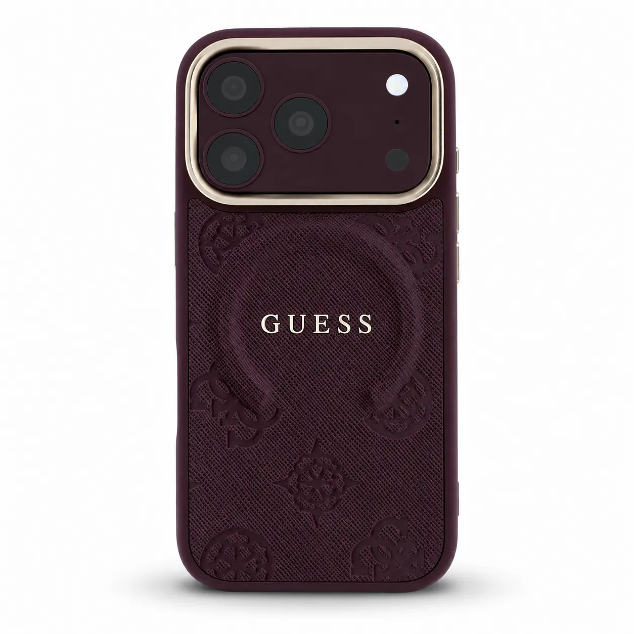 Coque MagSafe GUESS Saffiano Peony & Ring bordeaux installée sur iPhone 18 Pro et iPhone 17 Pro - vue arrière