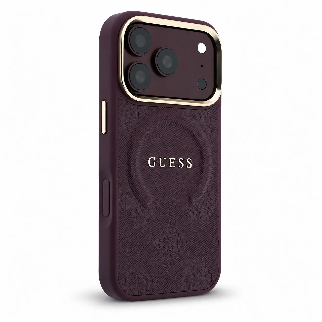 Coque MagSafe GUESS Saffiano Peony & Ring bordeaux pour iPhone 18 Pro et iPhone 17 Pro - vue trois-quarts