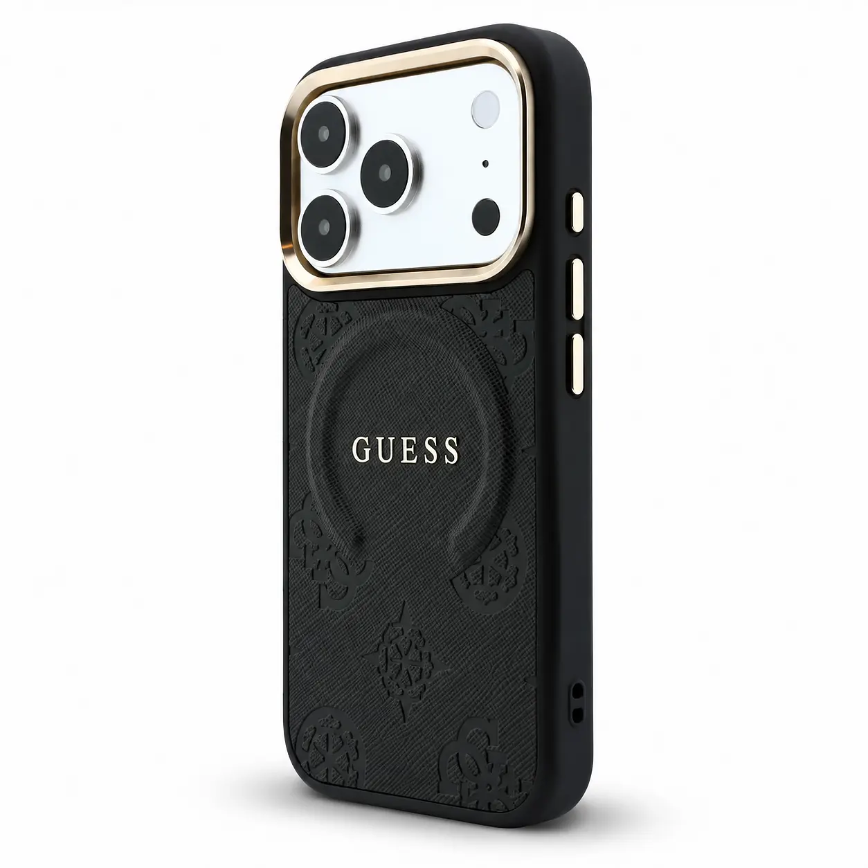 Coque MagSafe GUESS Saffiano Peony & Ring noire pour iPhone 18 Pro et iPhone 17 Pro - vue latérale