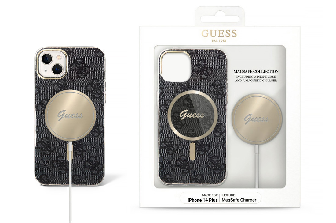 Coffret GUESS Coque MagSafe 4G + Chargeur MagSafe pour iPhone 14 Plus