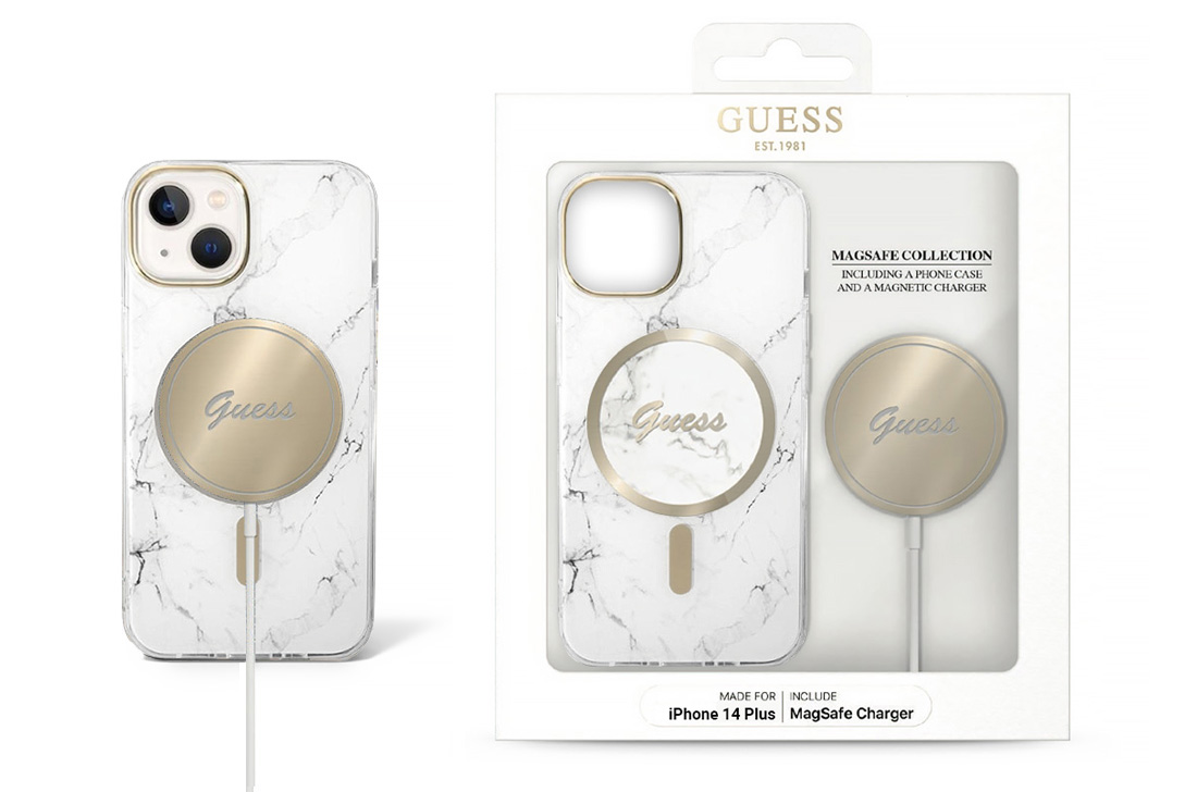 Coffret GUESS Coque MagSafe Marbre + Chargeur MagSafe 15W pour iPhone 14 Plus