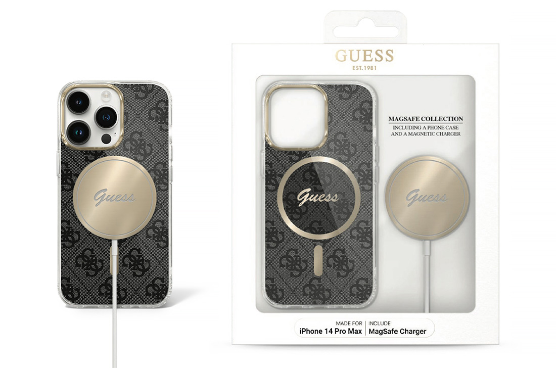 Coffret GUESS Coque MagSafe 4G + Chargeur MagSafe pour iPhone 14 Pro Max