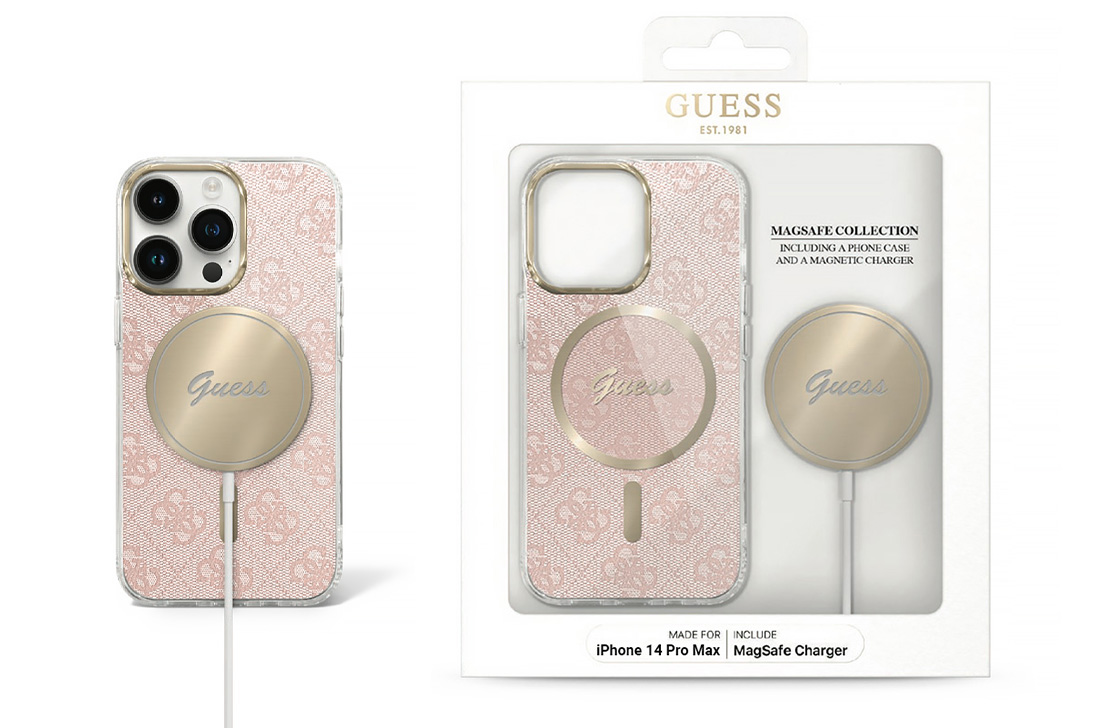 Coffret GUESS Coque MagSafe 4G + Chargeur MagSafe pour iPhone 14 Pro Max