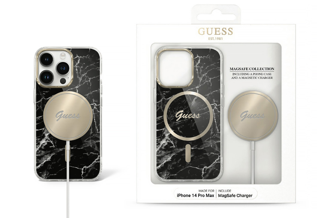 Coffret GUESS Coque MagSafe Marbre + Chargeur MagSafe 15W pour iPhone 14 Pro Max