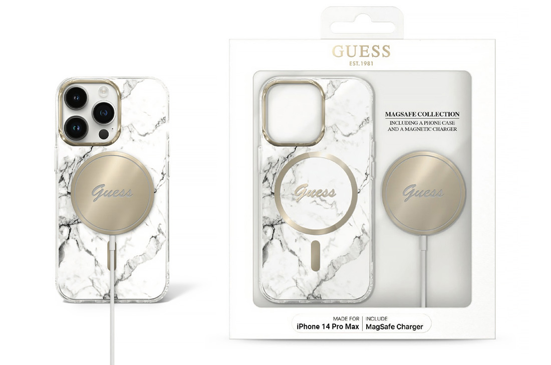 Coffret GUESS Coque MagSafe Marbre + Chargeur MagSafe 15W pour iPhone 14 Pro Max