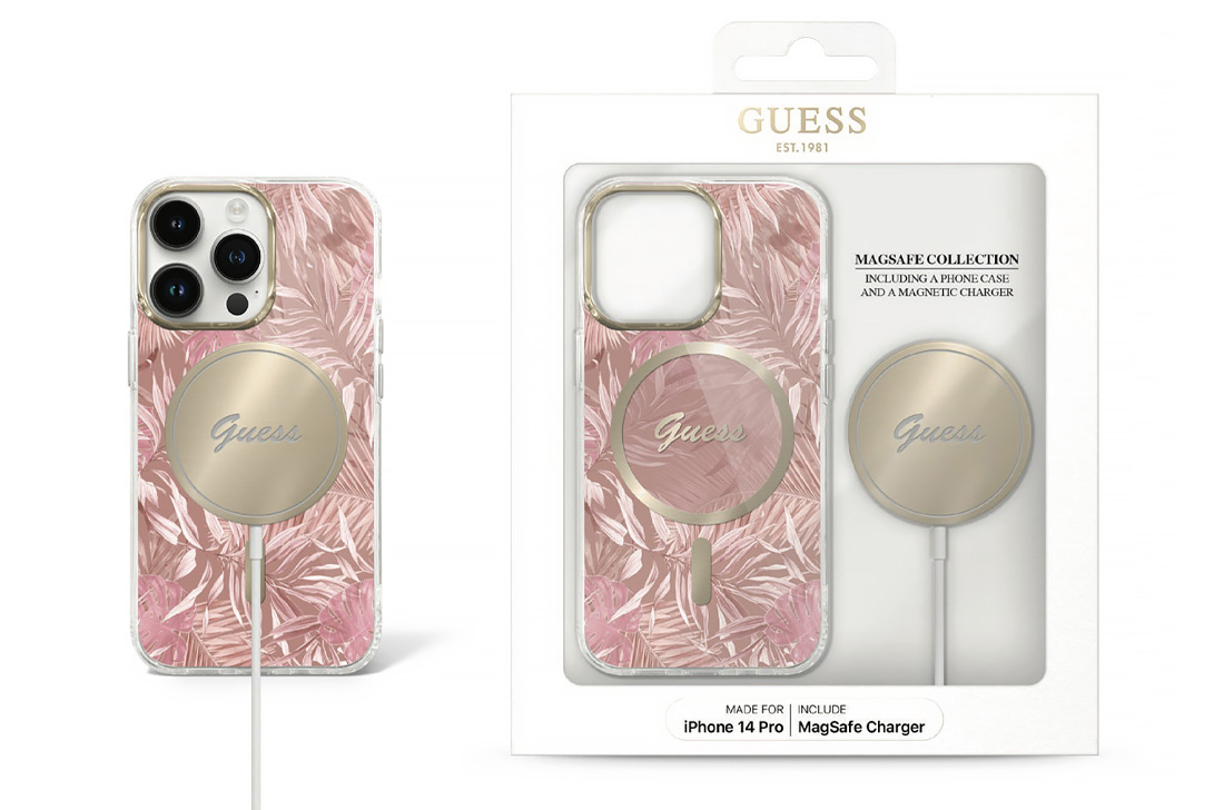 Coffret GUESS Coque MagSafe Jungle + Chargeur MagSafe 15W pour iPhone 14 Pro
