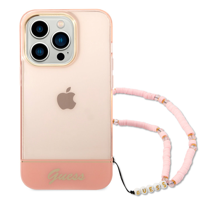 Coque Translucide GUESS avec Sangle Perlée Amovible pour iPhone 14 Pro