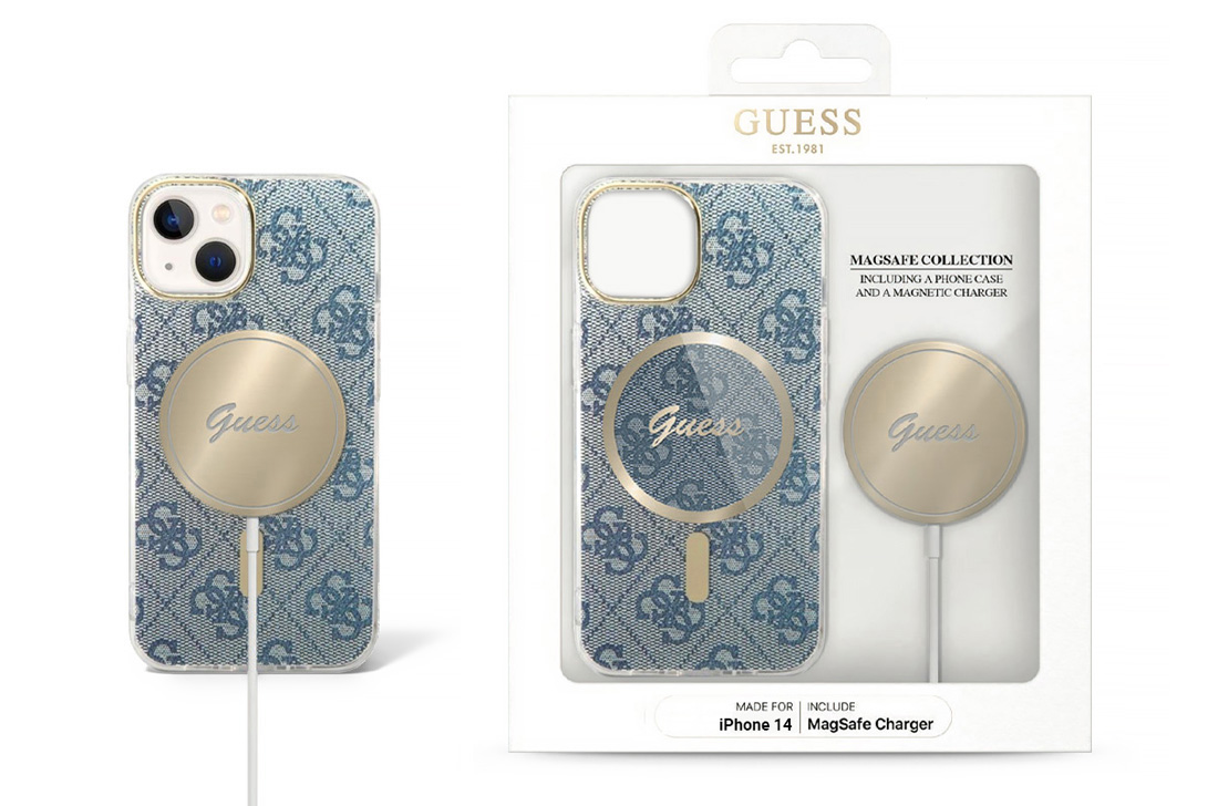 Coffret GUESS Coque MagSafe 4G + Chargeur MagSafe pour iPhone 14