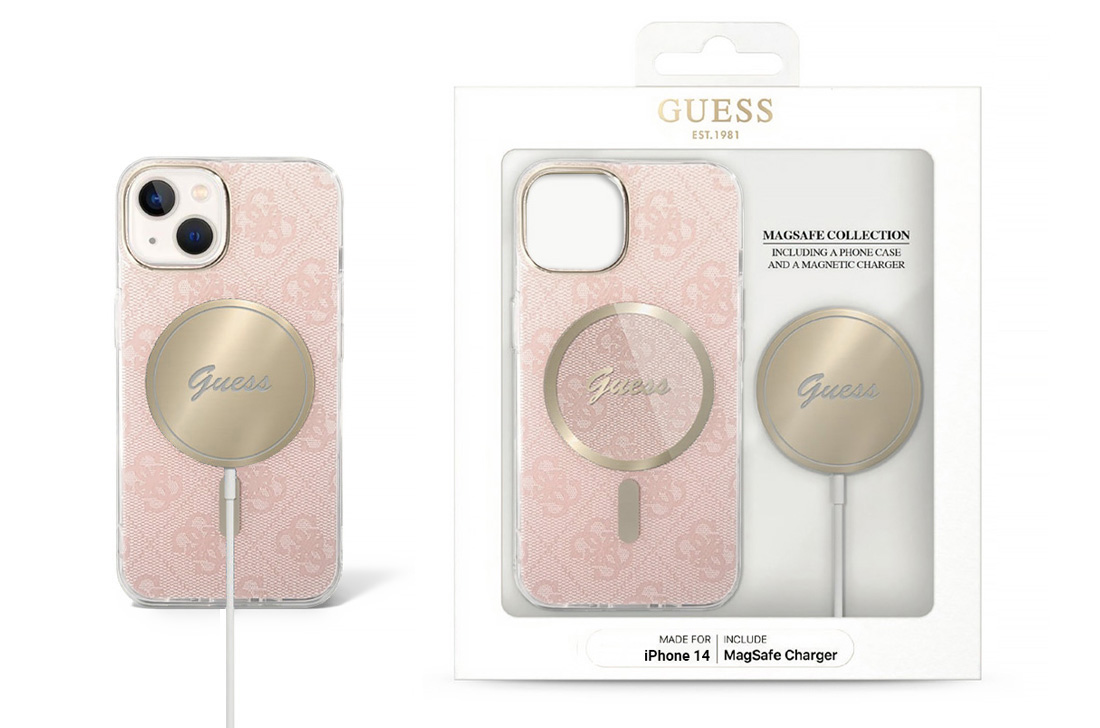 Coffret GUESS Coque MagSafe 4G + Chargeur MagSafe pour iPhone 14