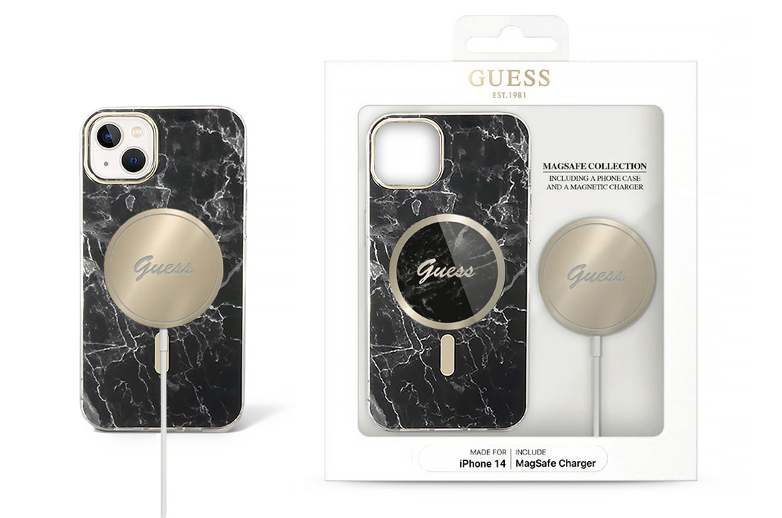 Coffret GUESS Coque MagSafe Marbre + Chargeur MagSafe 15W pour iPhone 14