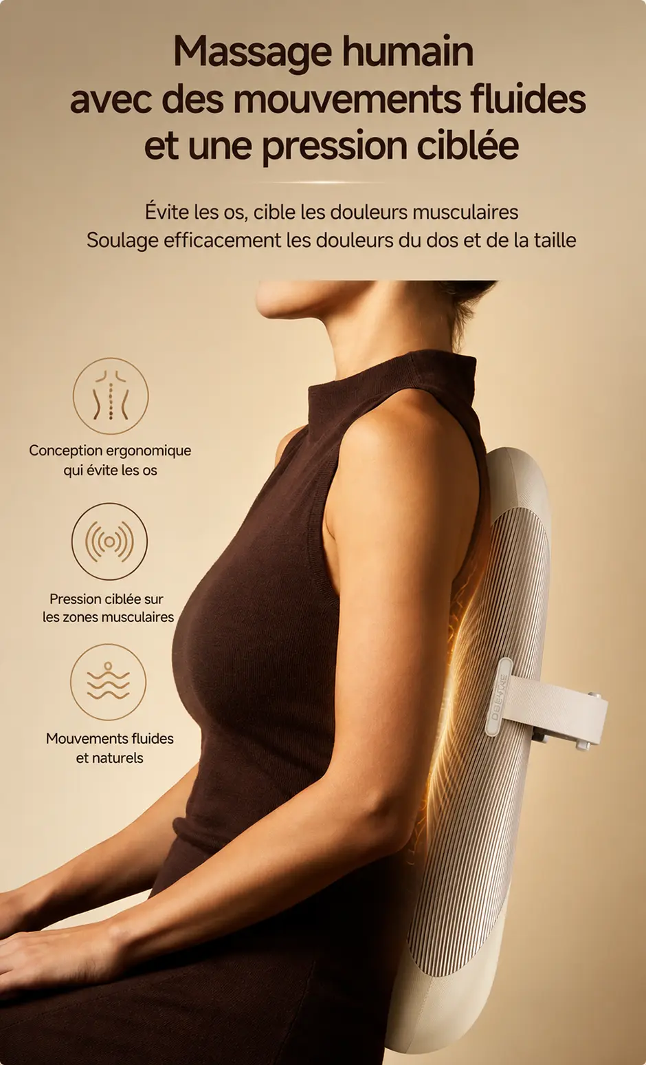 Massage ergonomique ciblé du dos avec mouvements fluides sur le coussin DREAME W30