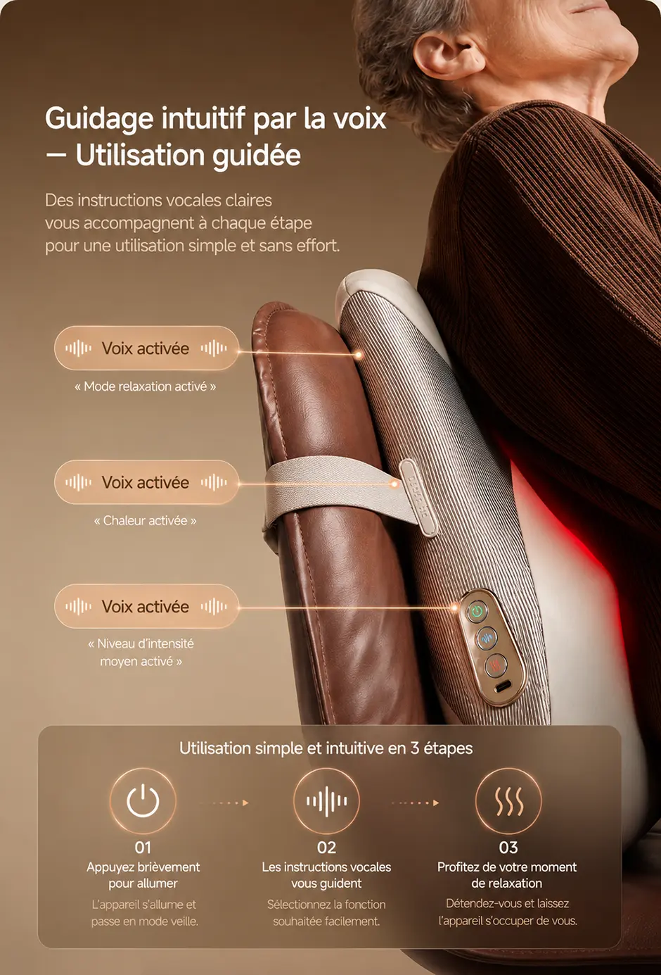 Guidage vocal intuitif et commandes faciles du coussin de massage lombaire DREAME W30