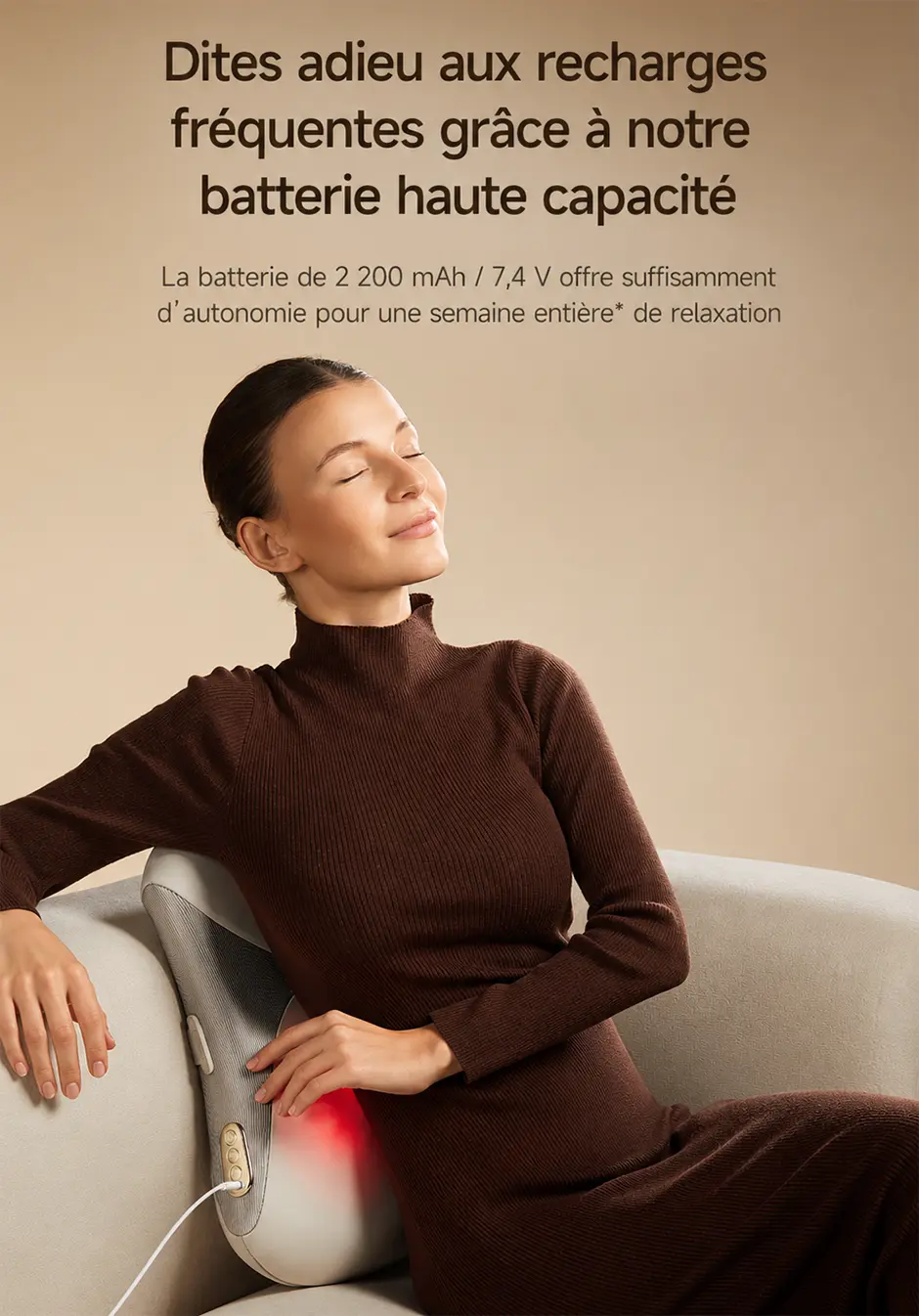 Batterie rechargeable 2200 mAh offrant une grande autonomie au coussin DREAME W30