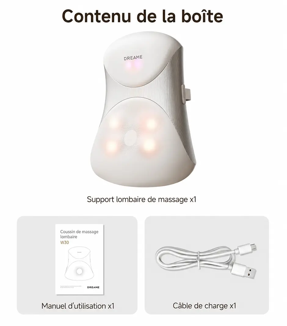 Contenu de la boîte du coussin de massage lombaire DREAME W30 avec câble USB-C et manuel