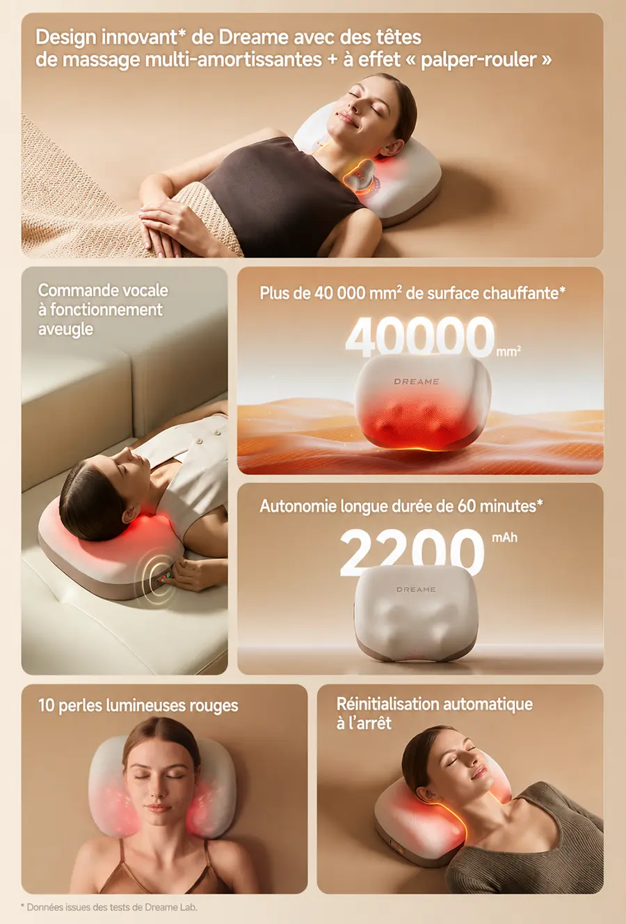 Présentation synthétique des fonctionnalités clés de l'oreiller de massage Dreame P30