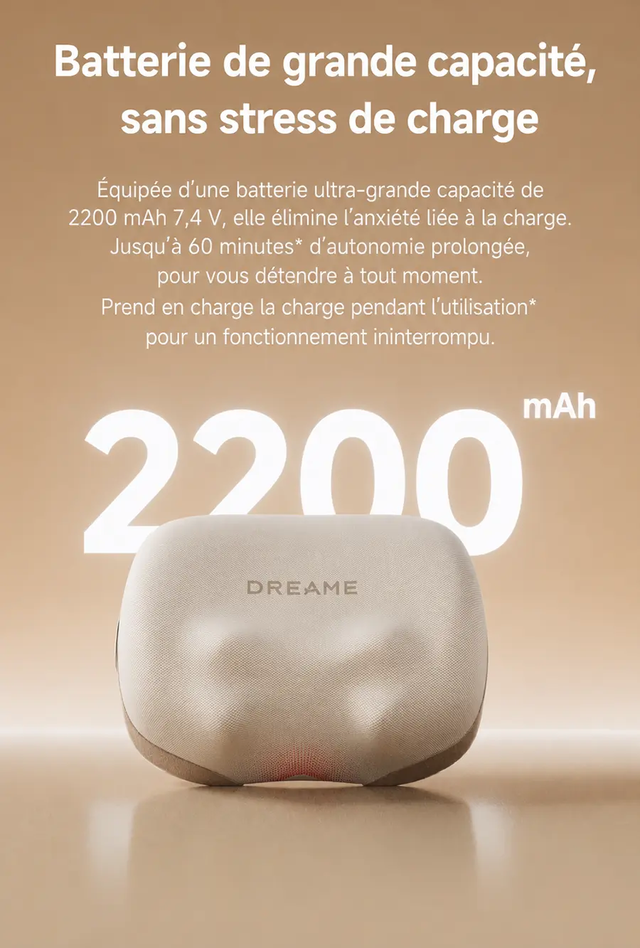 Batterie intégrée grande capacité de 2200 mAh offrant jusqu'à 60 minutes d'autonomie sans câble