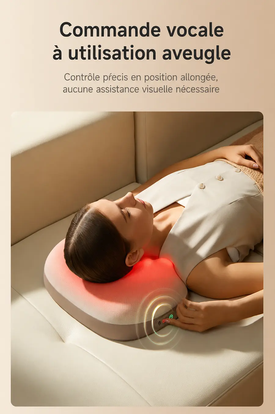 Commande vocale et utilisation intuitive pour contrôler facilement l'oreiller Dreame P30 en position allongée