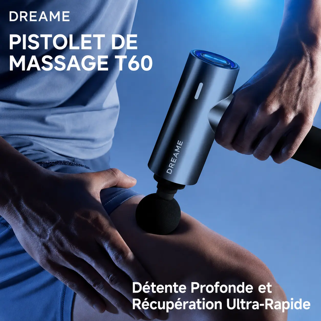 Pistolet de massage Dreame T60 en utilisation sur la cuisse pour une récupération musculaire rapide après l'effort.