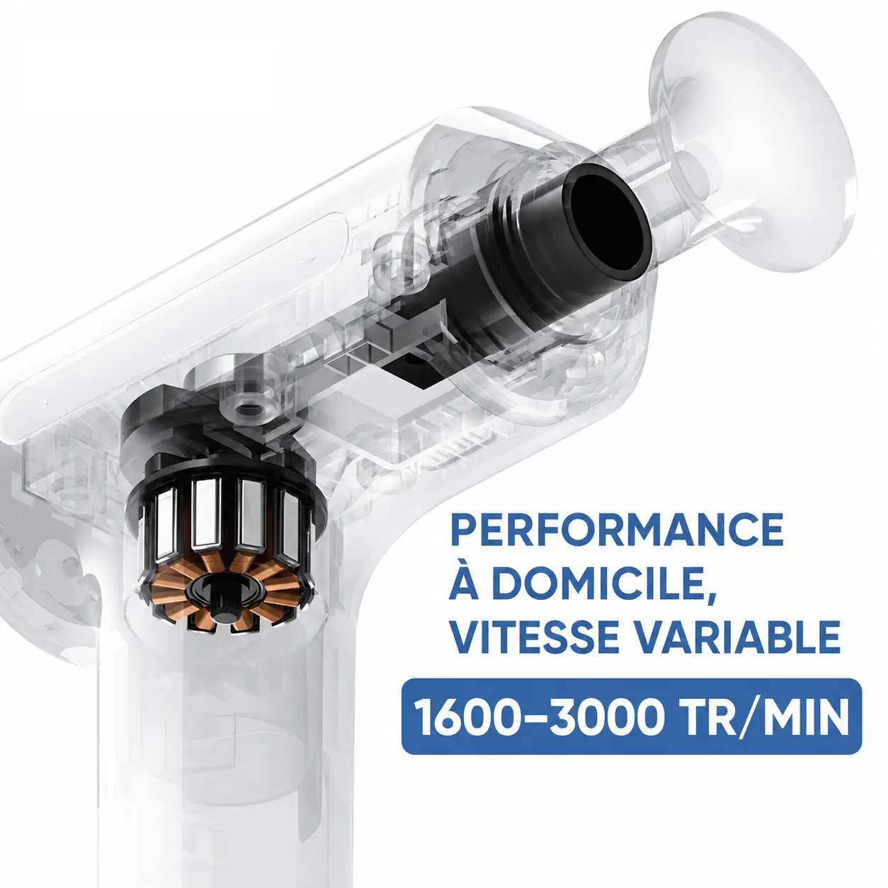 Vue interne du pistolet de massage Dreame T60 avec moteur brushless 60 W et vitesse réglable de 1600 à 3000 tr/min.