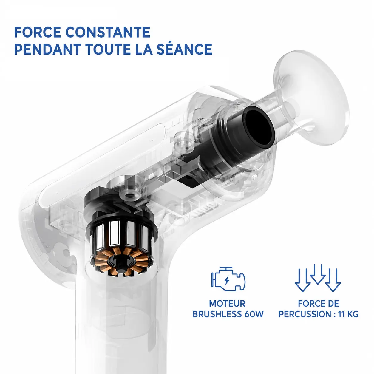 Moteur brushless 60 W du pistolet de massage Dreame T60 offrant une force de percussion constante de 11 kg.