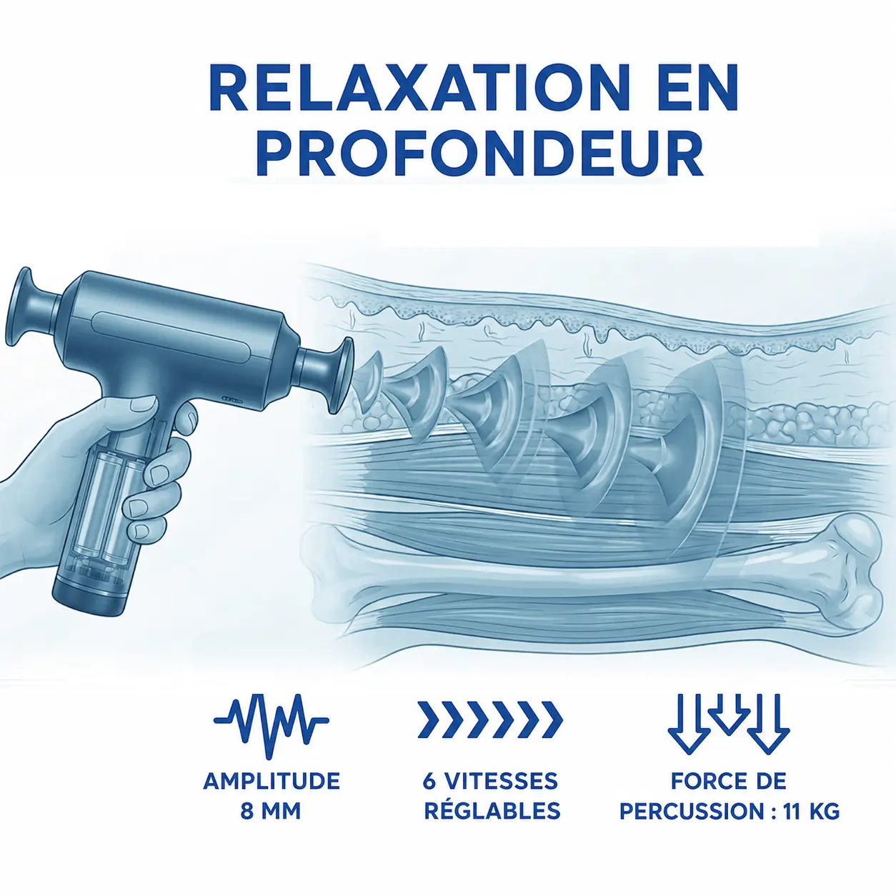 Massage musculaire profond avec le pistolet de massage Dreame T60, amplitude de 8 mm et 6 vitesses réglables.
