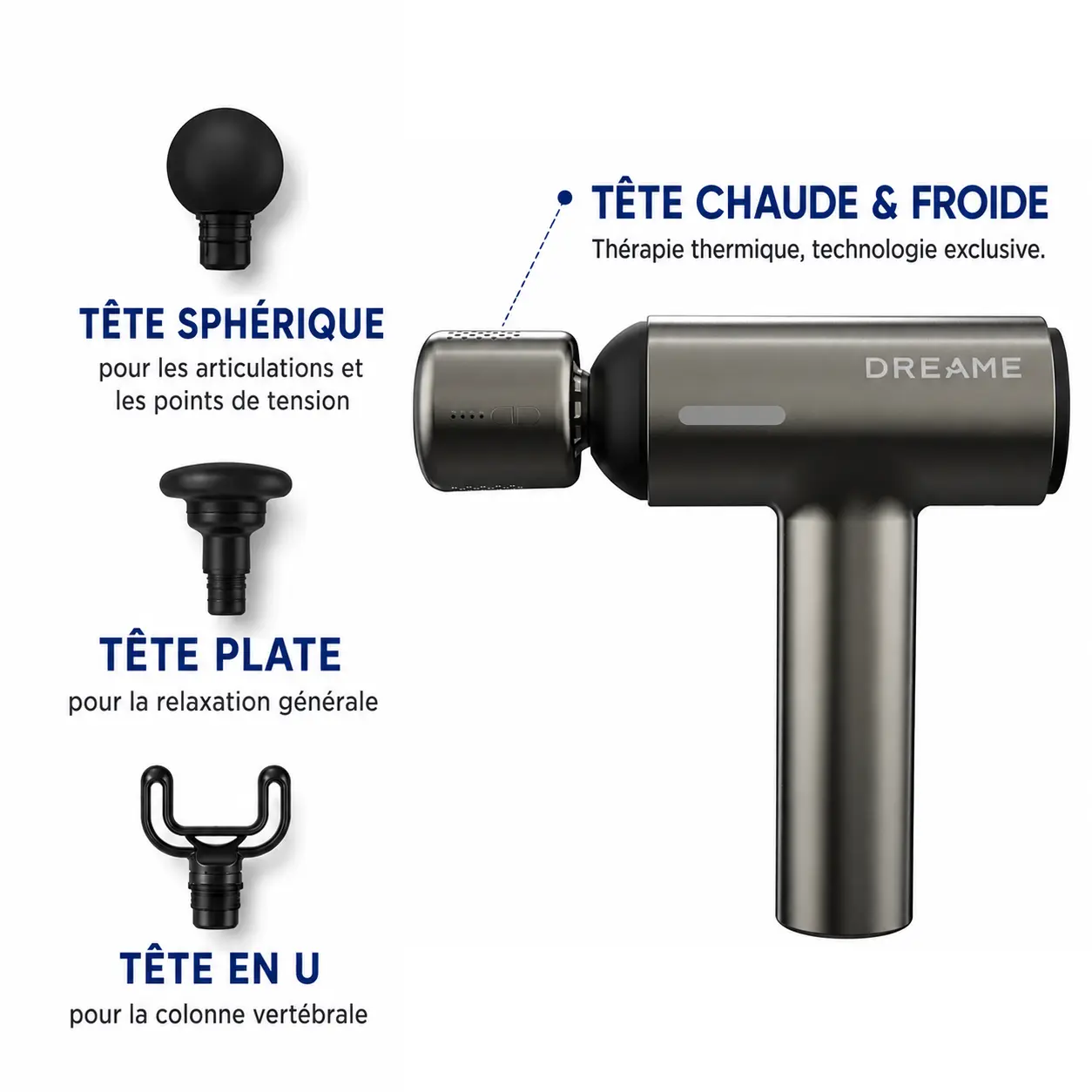 Embouts de massage Dreame T60 avec tête chauffante et refroidissante, tête sphérique, plate et en U.