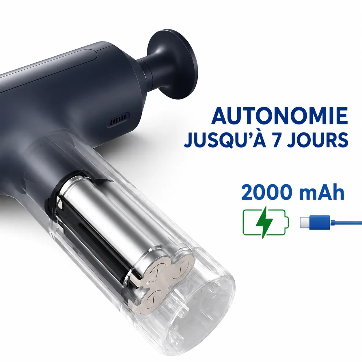 Batterie rechargeable 2000 mAh du pistolet de massage Dreame T60 offrant jusqu'à 7 jours d'autonomie.