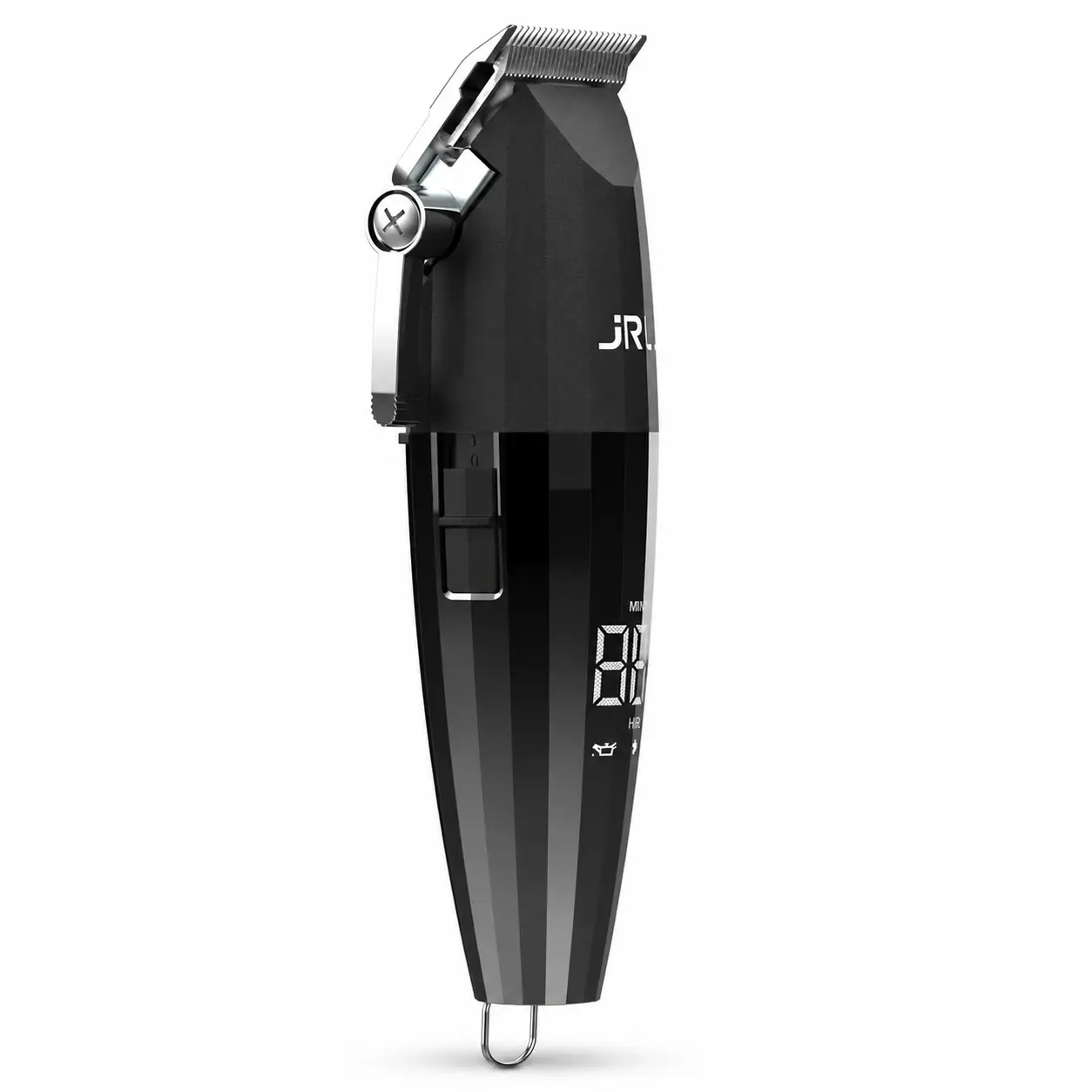 Vue latérale de la tondeuse JRL FreshFade 2020C avec levier de réglage et écran numérique