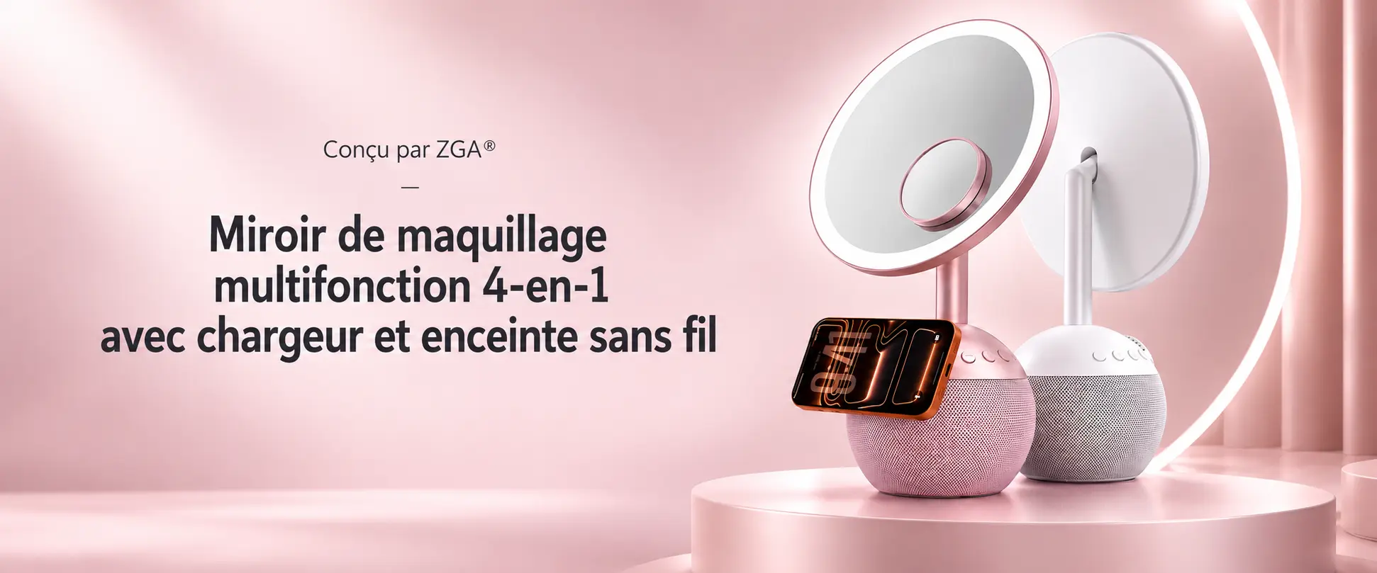 Miroir de maquillage multifonction ZGA WX09 avec éclairage LED, enceinte Bluetooth et recharge sans fil