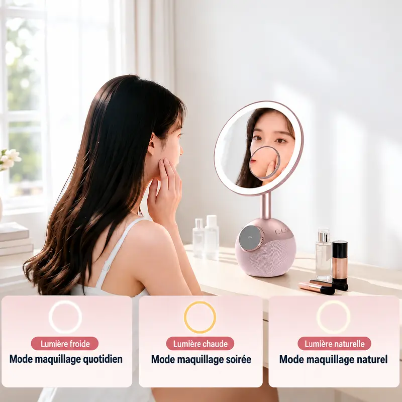 Trois modes d'éclairage du miroir de maquillage ZGA WX09 : lumière froide, chaude et naturelle