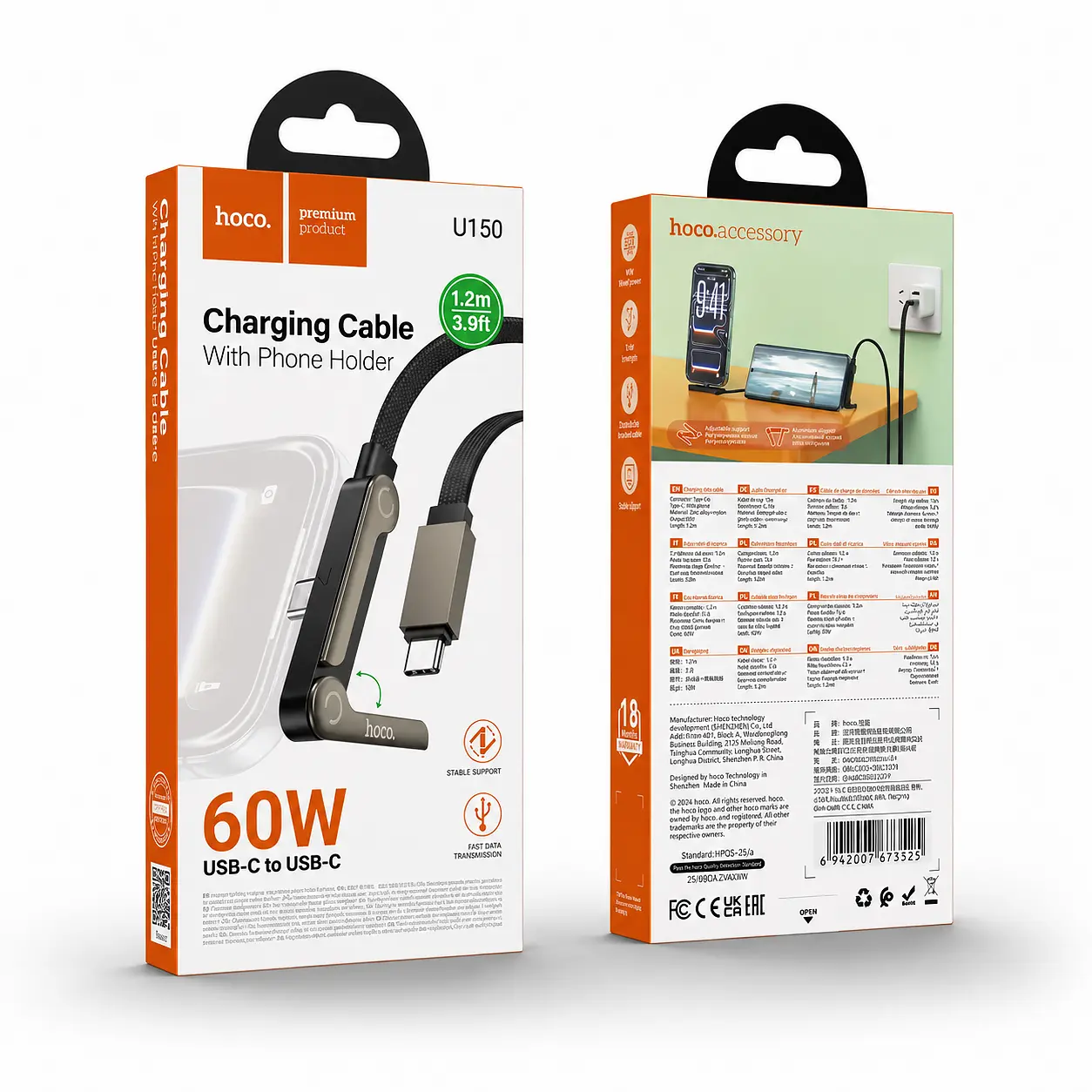 Câble HOCO U150 avec support téléphone intégré vue principale