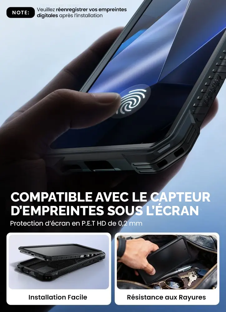Coque Galaxy S26 Ultra avec protection écran intégrée compatible capteur empreinte digitale et résistance aux rayures